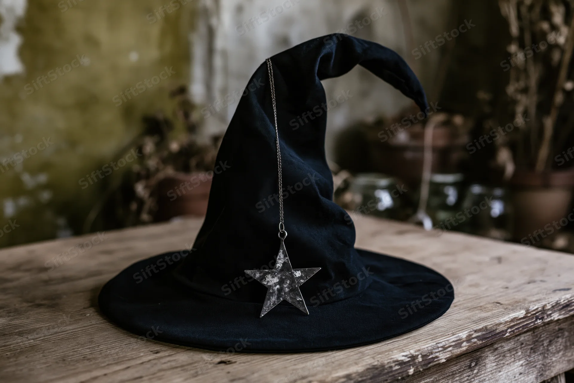 Black fabric witch hat with dangling silver star charm on wooden table