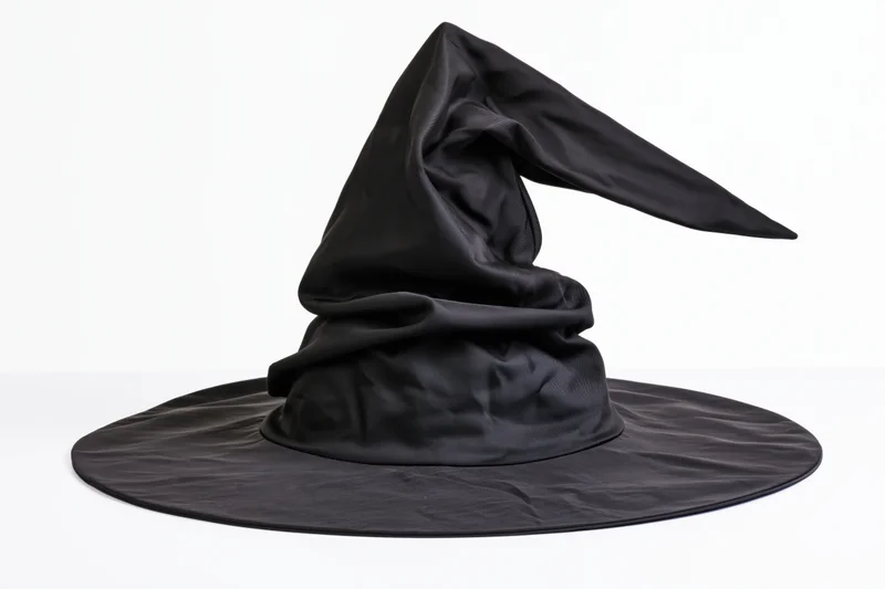 Black witch hat with floppy crumpled point on white background