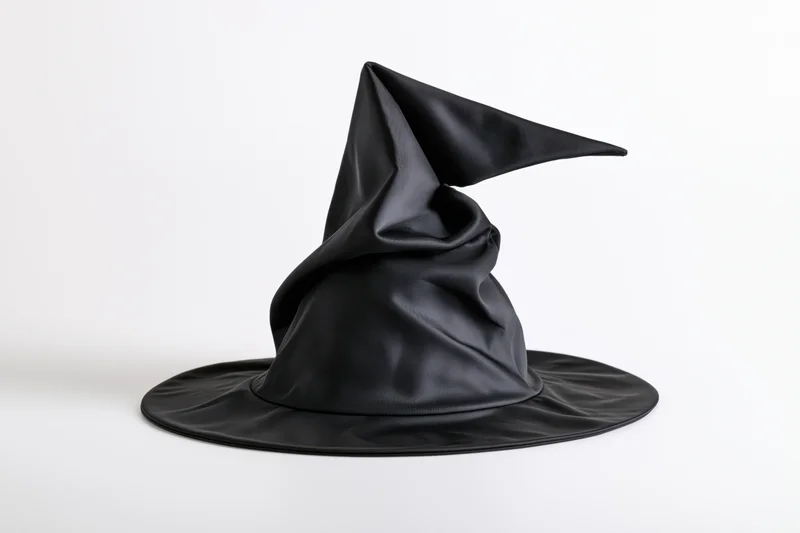 Black witch hat with floppy crumpled point on white background