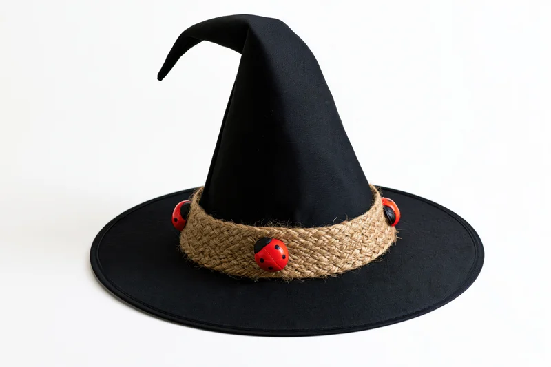 Black fabric witch hat with jute band and ladybugs on white background