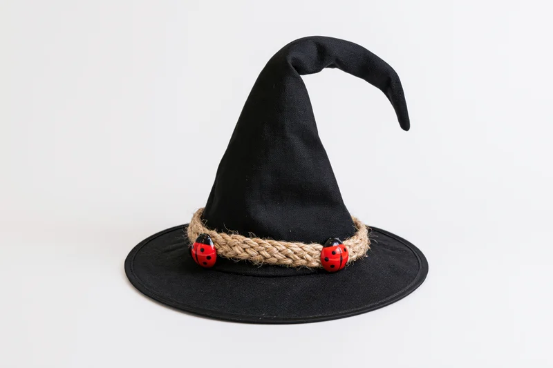 Black fabric witch hat with curved point and ladybug-decorated rope band on white background