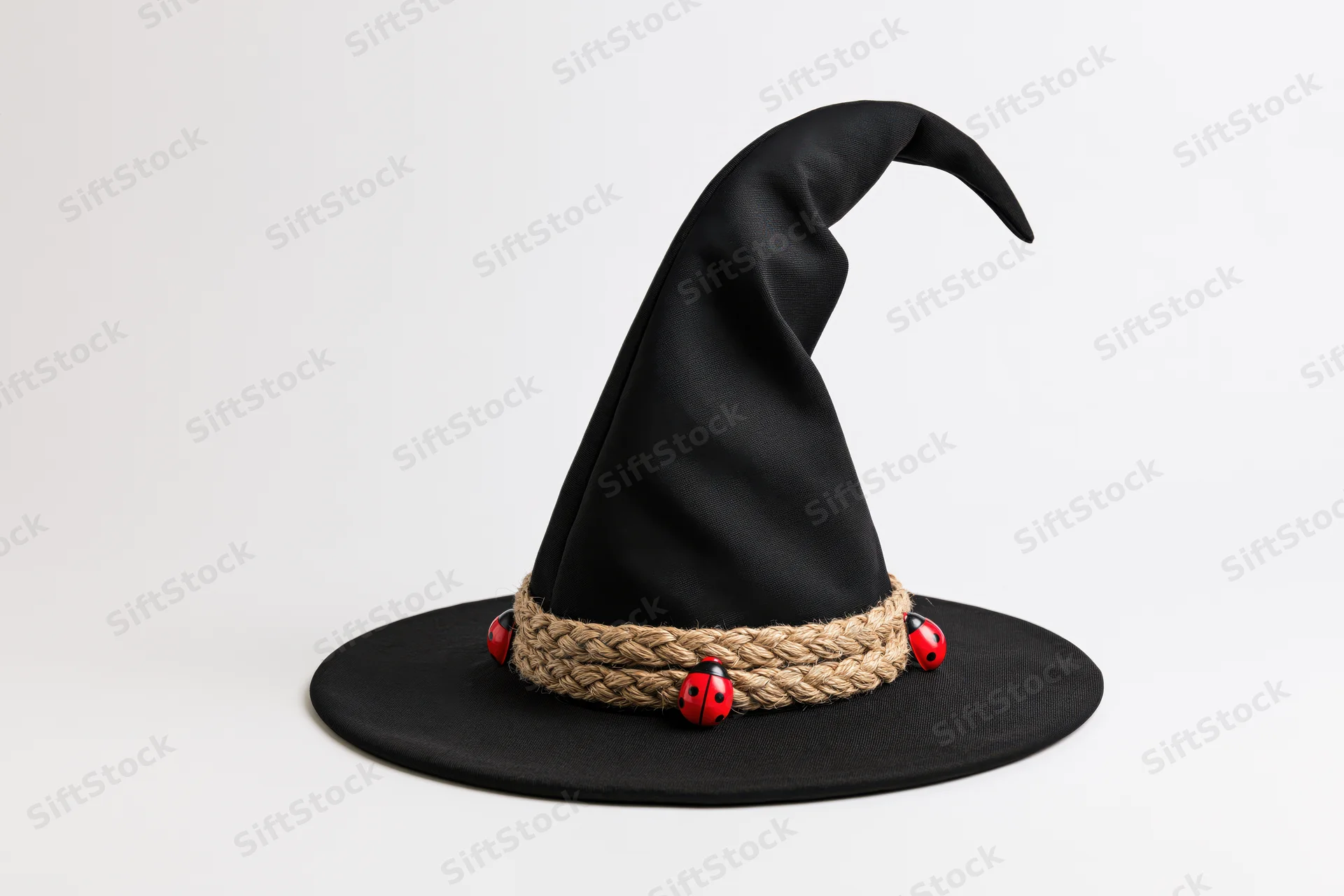 Black witch hat with braided rope and ladybugs on white background