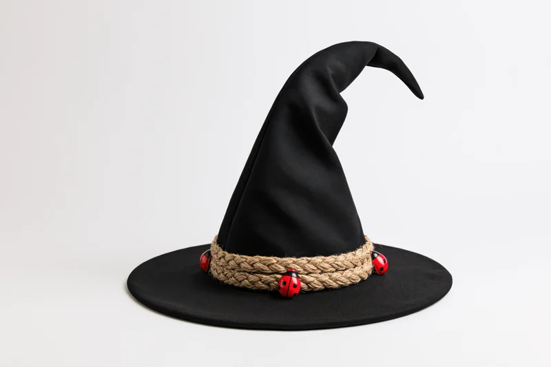 Black witch hat with braided rope and ladybugs on white background