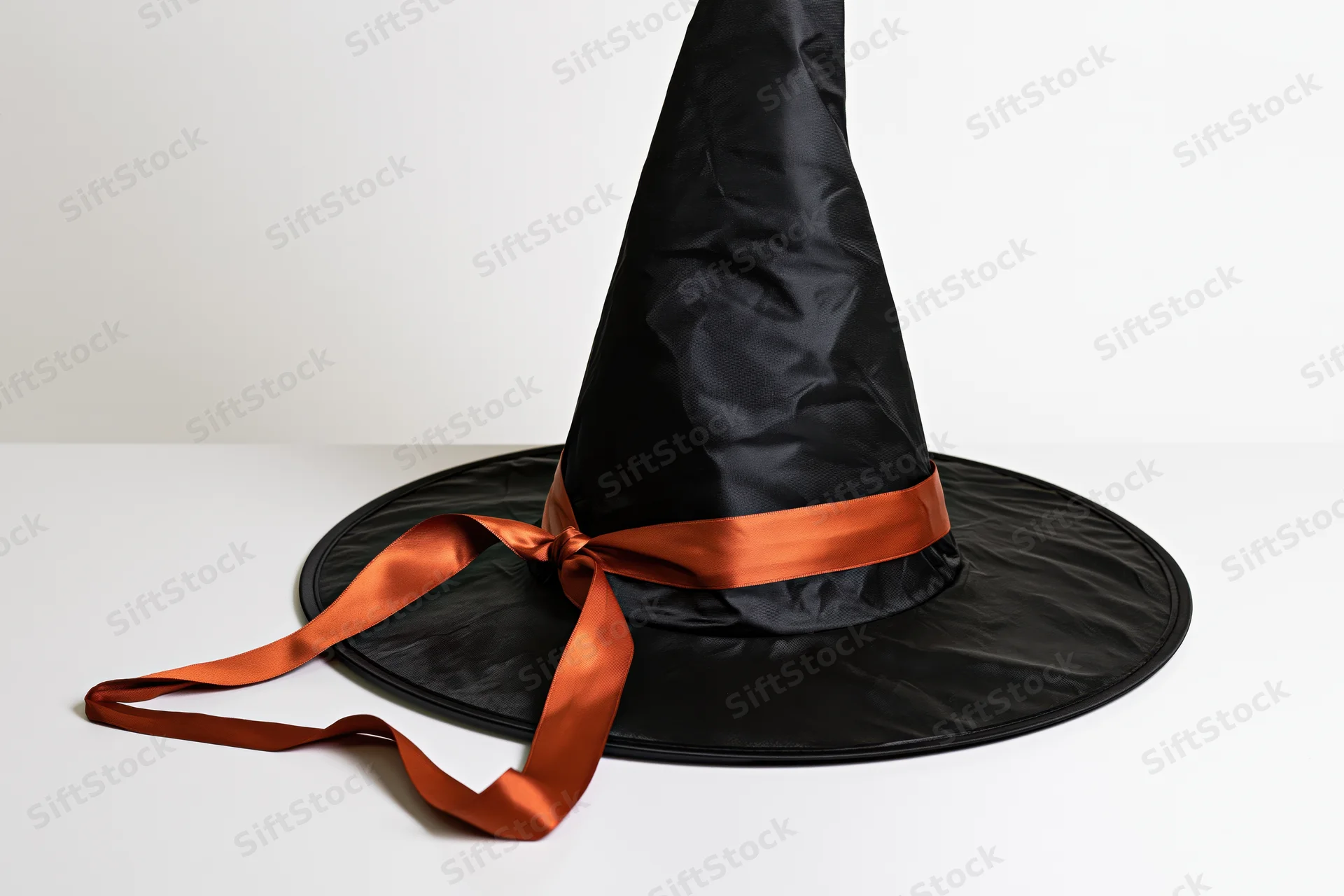 Black witch hat with orange ribbon on white surface