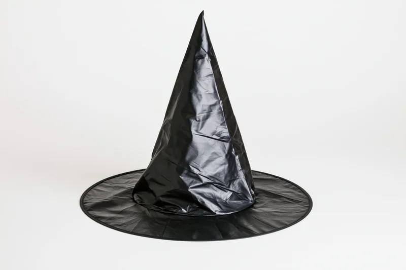 Black plastic witch hat standing upright on white background