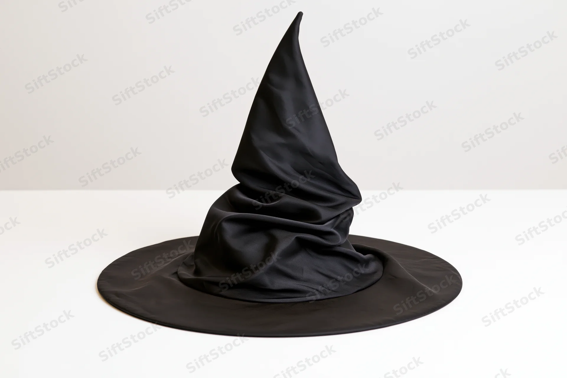 Black pointed witch hat with crumpled fabric sitting on white surface