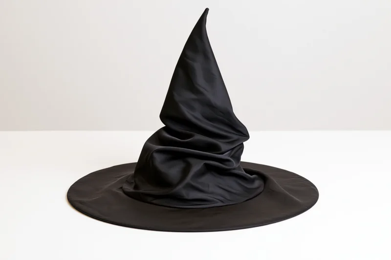 Black pointed witch hat with crumpled fabric sitting on white surface