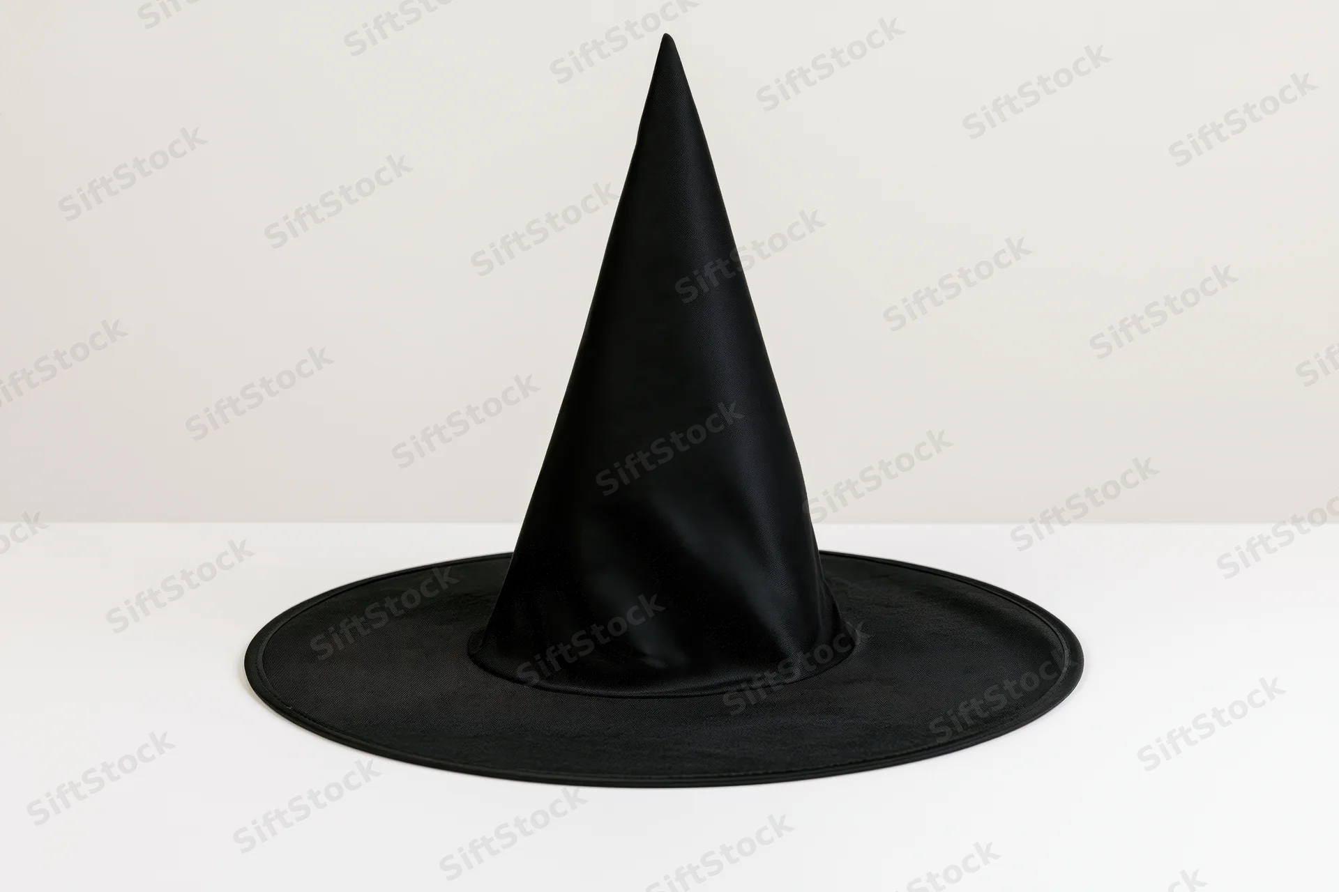Black pointed witch hat standing upright on a white surface