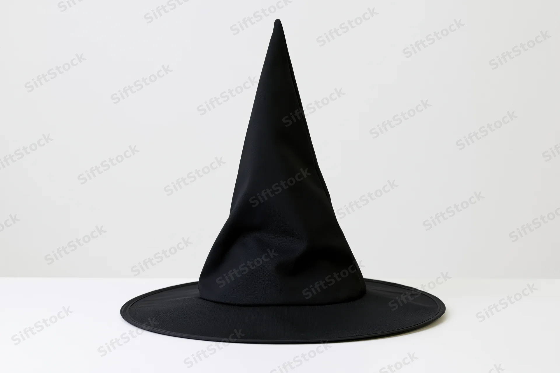 Black pointed witch hat standing upright on a white surface