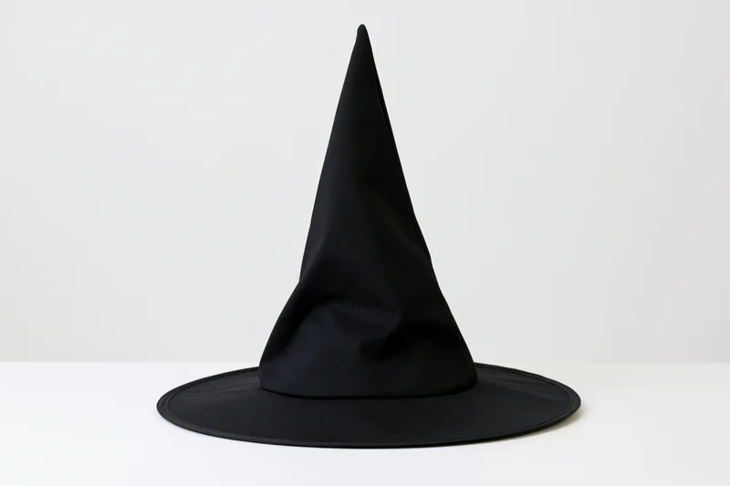 Black pointed witch hat standing upright on a white surface