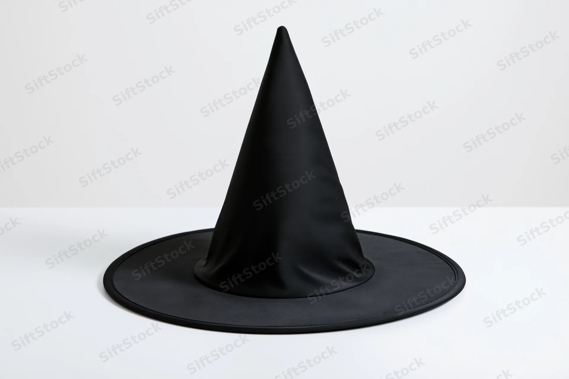 Black pointed witch hat standing upright on a white surface