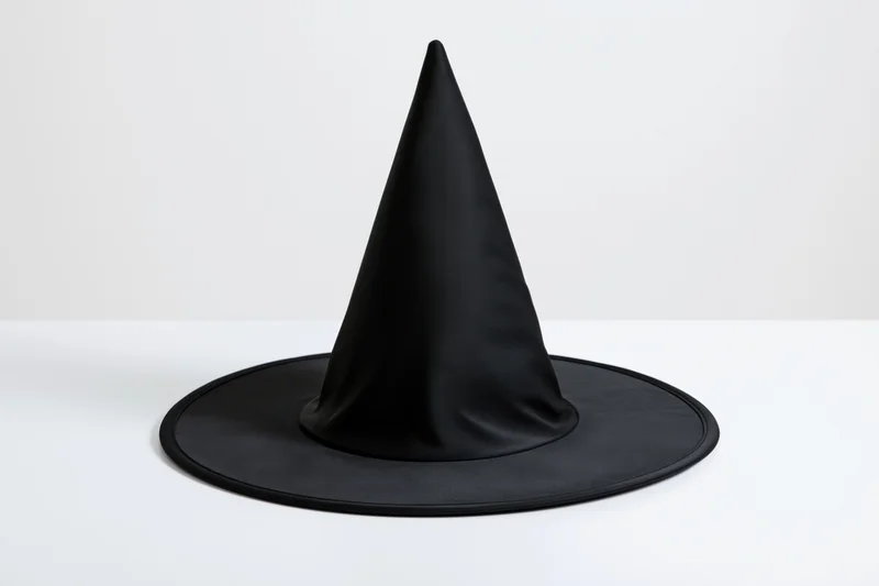 Black pointed witch hat standing upright on a white surface
