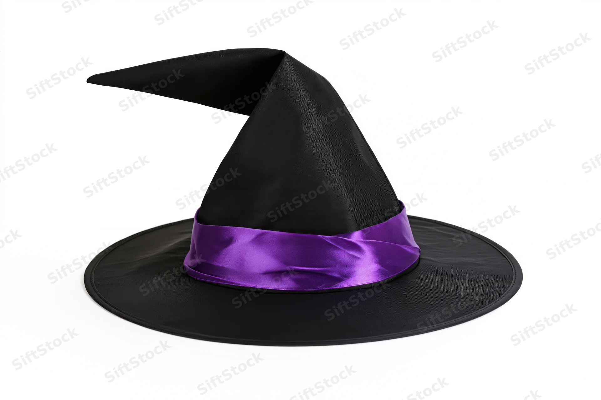 Black pointed witch hat with purple satin band on white background