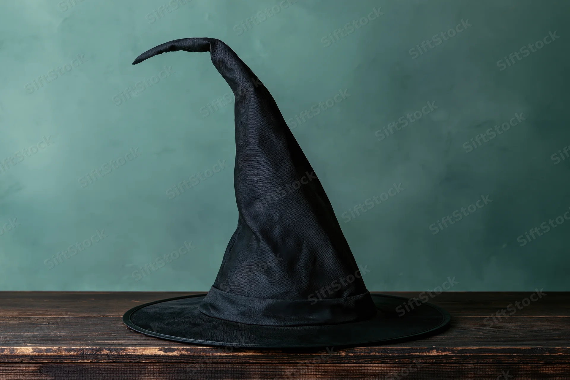 Black pointed witch hat with curved tip resting on wooden table against green backdrop