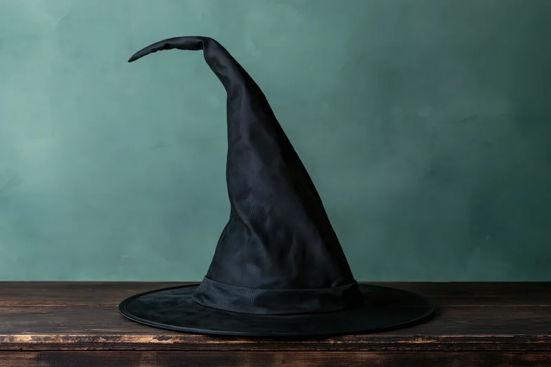 Black pointed witch hat with curved tip resting on wooden table against green backdrop