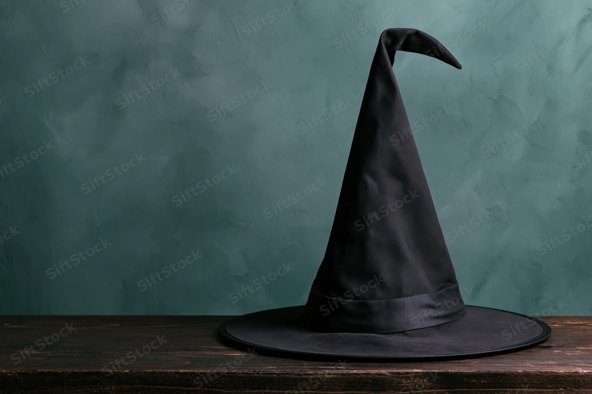 Black pointed witch hat resting on wooden table against teal textured wall