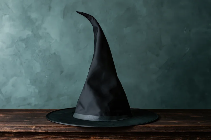 Black pointed witch hat resting on wooden shelf against textured teal wall