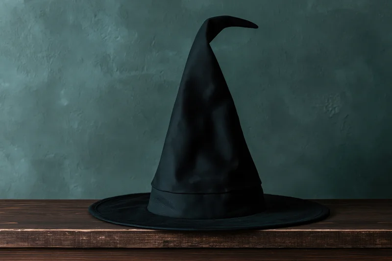 Black pointed witch hat with curved tip resting on wooden shelf against textured dark green wall