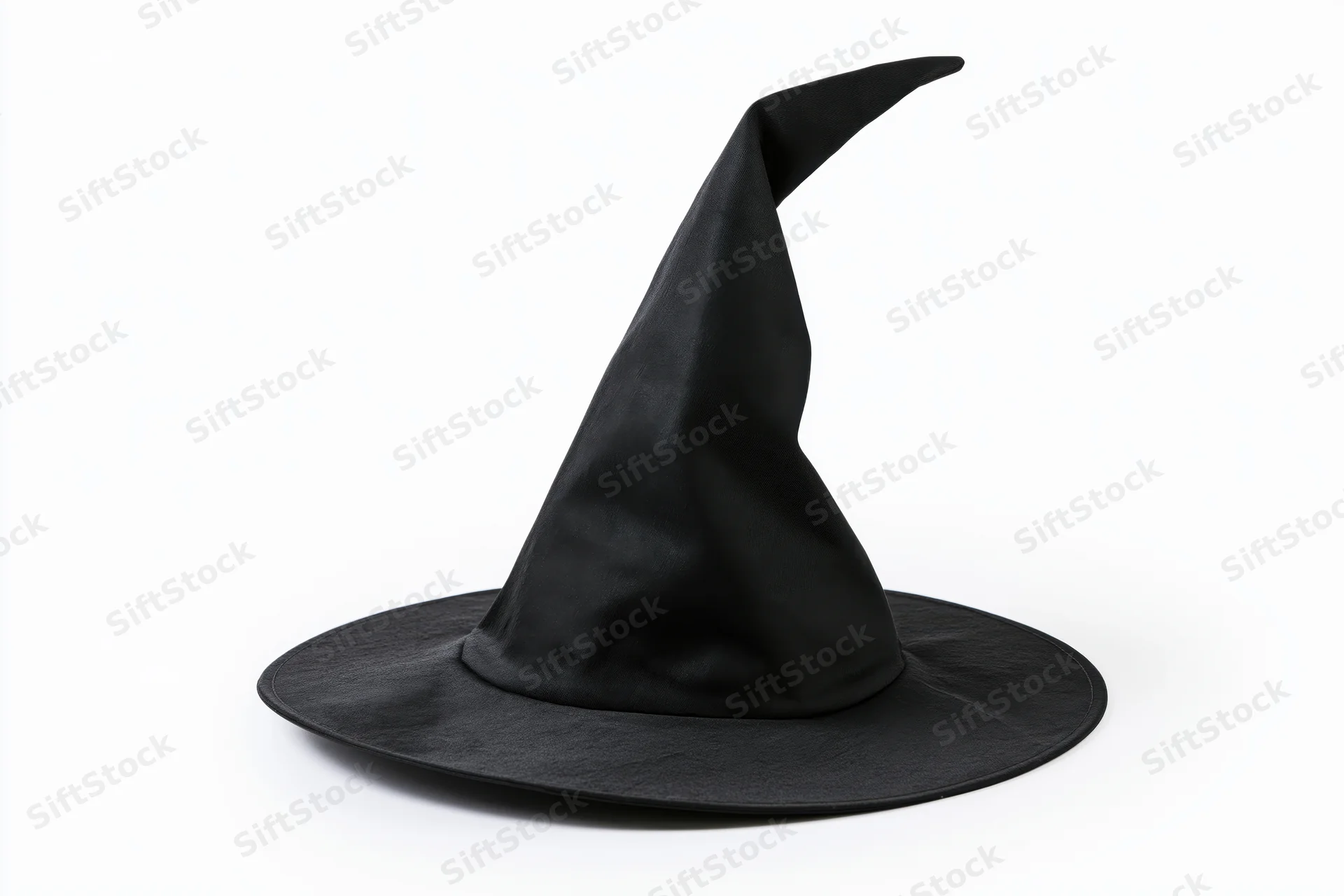 Black witch hat with tall crooked pointed crown and wide brim on white background