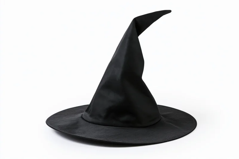 Black witch hat with tall crooked pointed crown and wide brim on white background