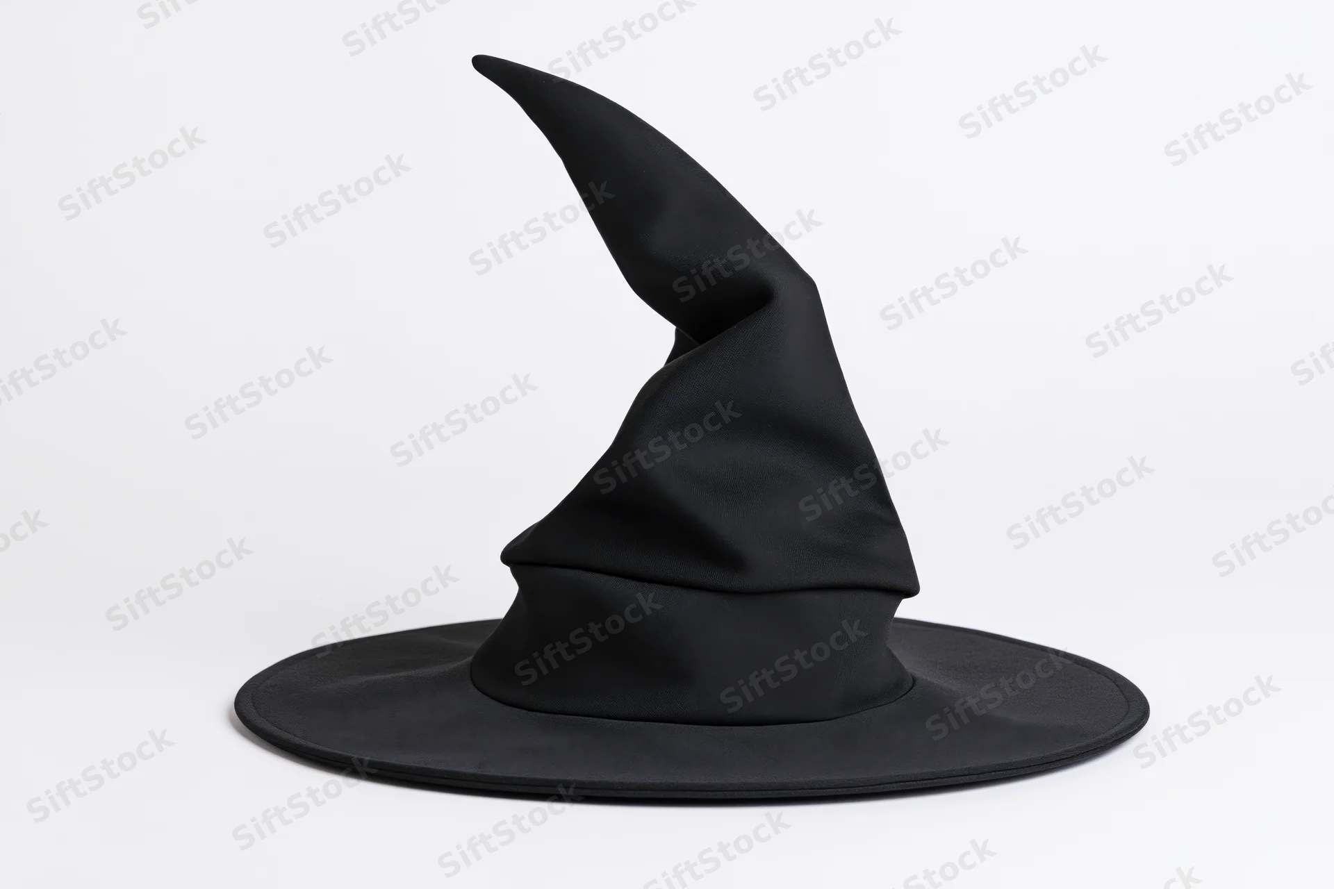 Black witch hat with tall crooked point and wide brim on white background
