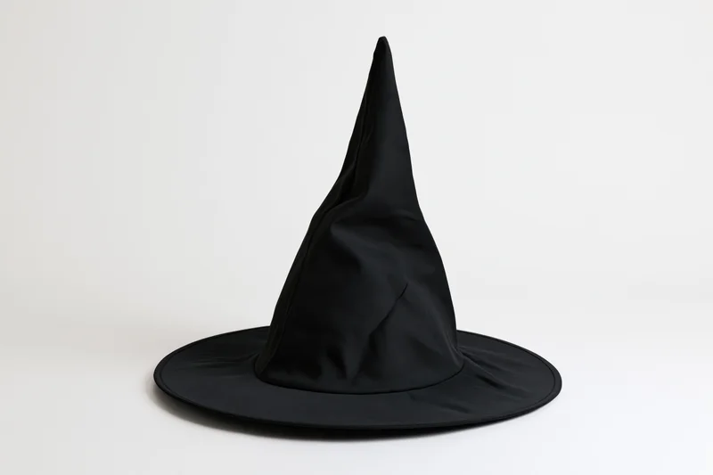 Black witch hat with tall pointed cone and wide flat brim on white background