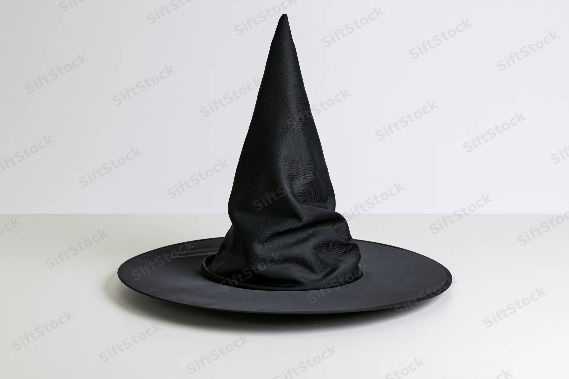 Black witch hat with tall pointed cone and wide flat brim on white surface