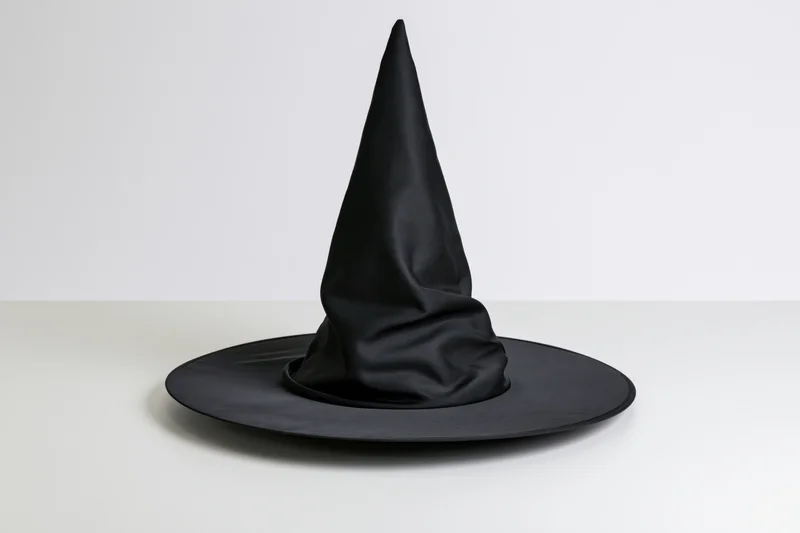 Black witch hat with tall pointed cone and wide flat brim on white surface