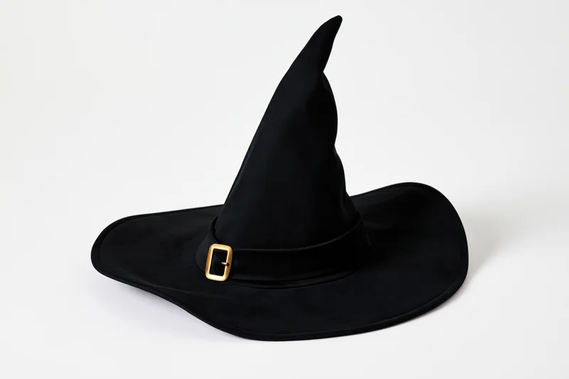 Black witch hat with tall pointed crown and wide brim featuring gold buckle on white background