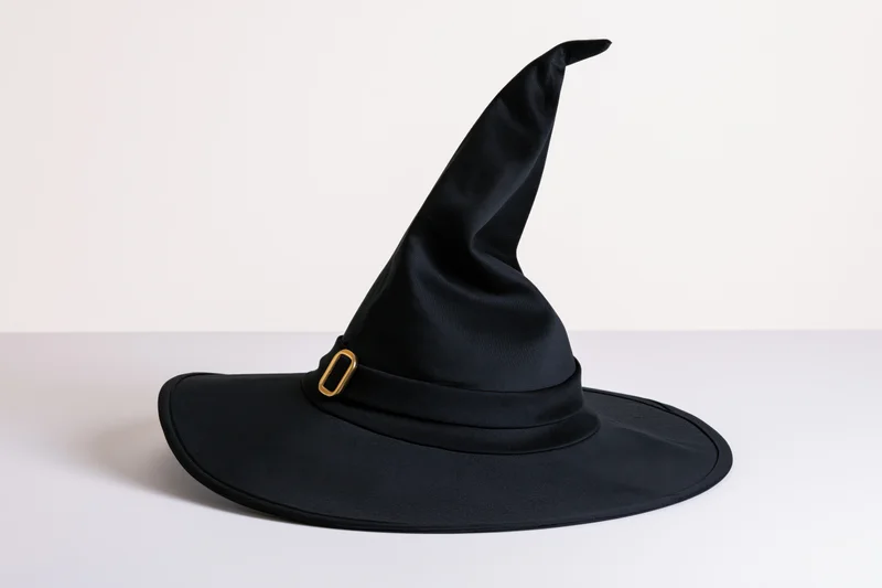 Black witch hat with tall pointed crown and wide brim on white surface