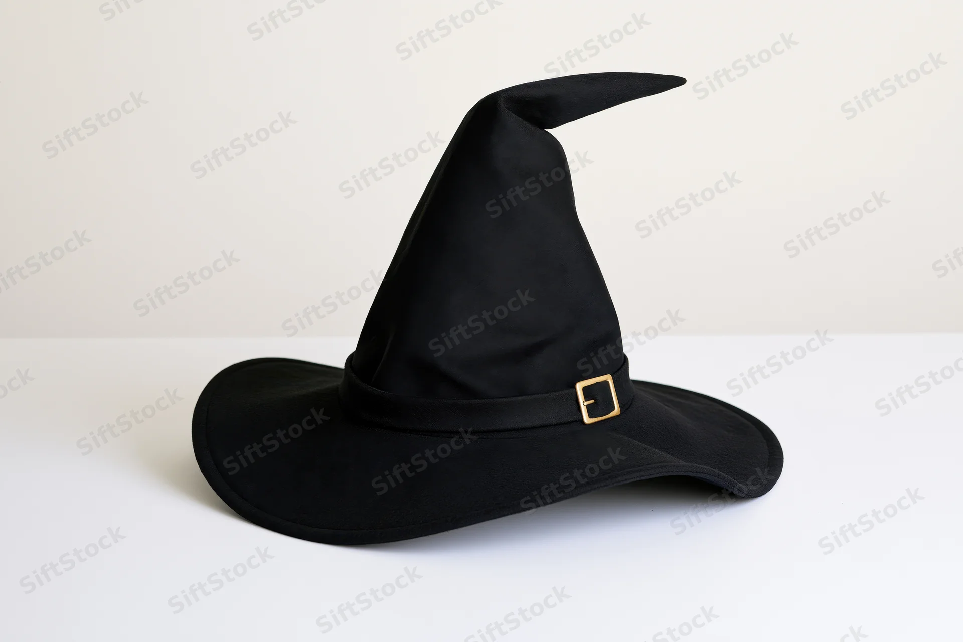 Black witch hat with tall pointed crown and wide brim on white surface