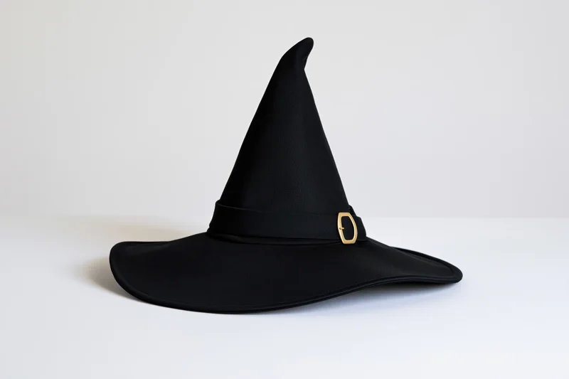 Black witch hat with tall pointed crown and wide brim resting on white surface
