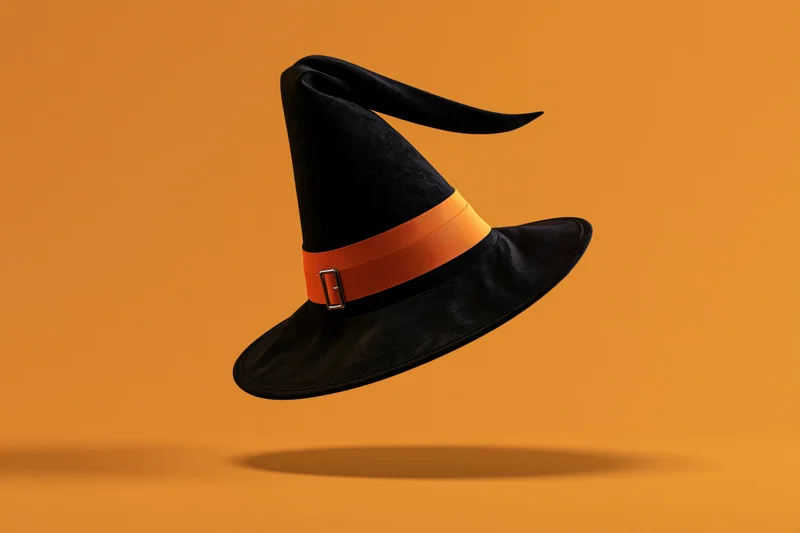 Black witch hat with orange ribbon and silver buckle floating against orange background