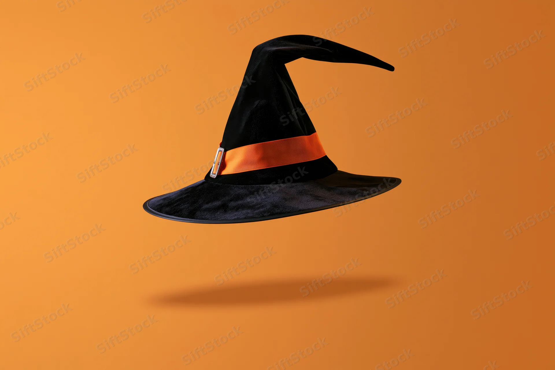 Black witch hat with orange ribbon and silver buckle floating against orange background