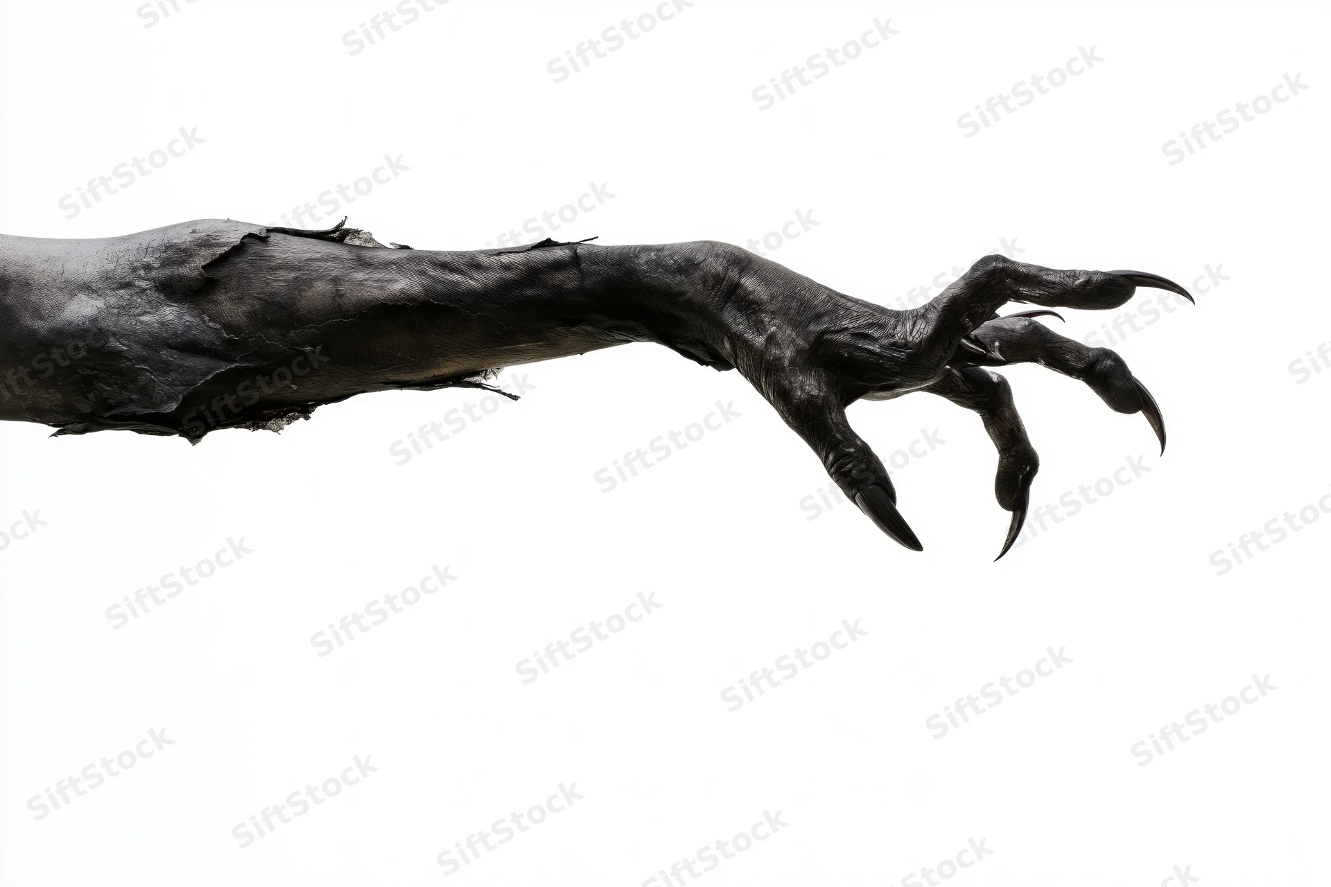 Blackened decayed creature arm with clawed hand reaching out against white background