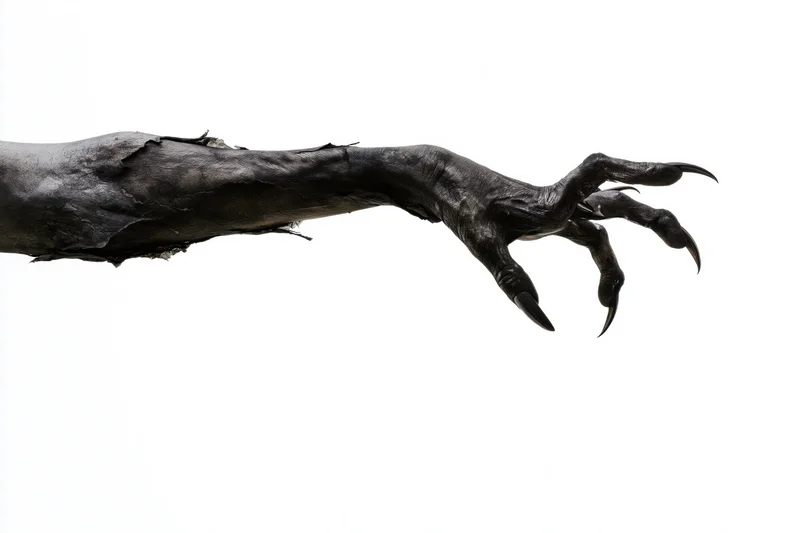 Blackened decayed creature arm with clawed hand reaching out against white background