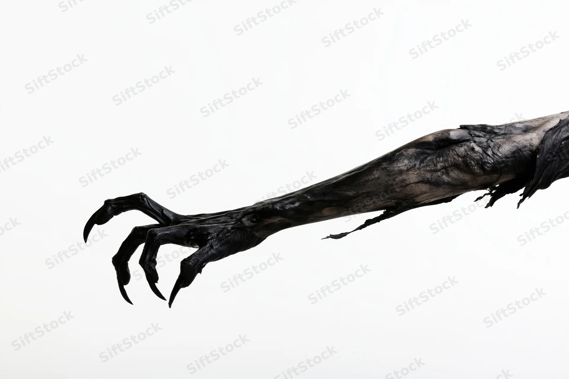 Blackened decayed creature arm with clawed hand reaching across white background