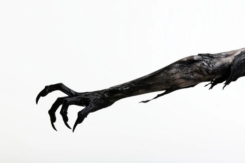 Blackened decayed creature arm with clawed hand reaching across white background