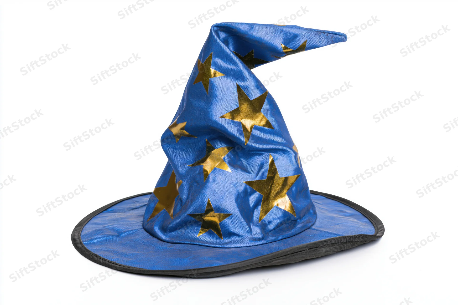 Blue wizard hat with gold foil stars on white background