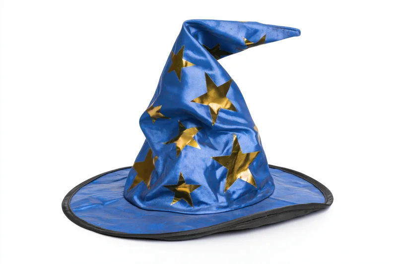 Blue wizard hat with gold foil stars on white background