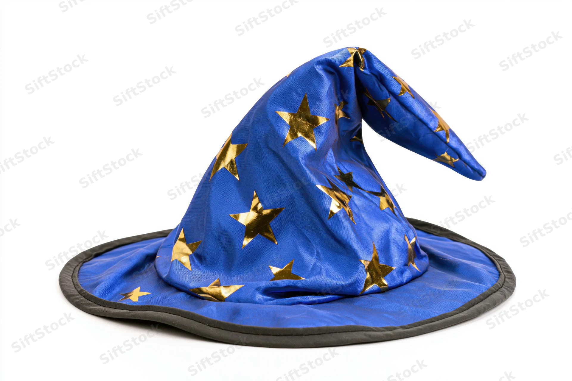 Blue wizard hat with gold foil stars on white background