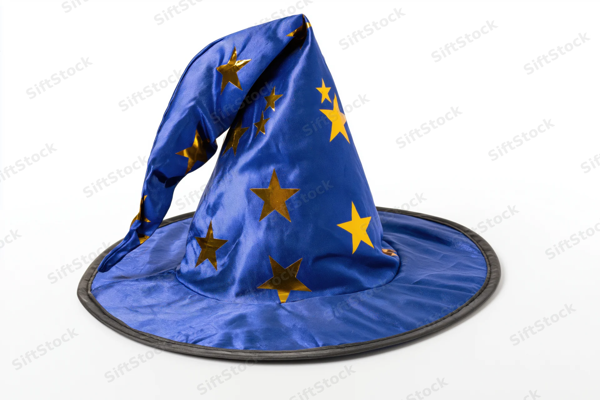 Blue wizard hat with gold stars on white background