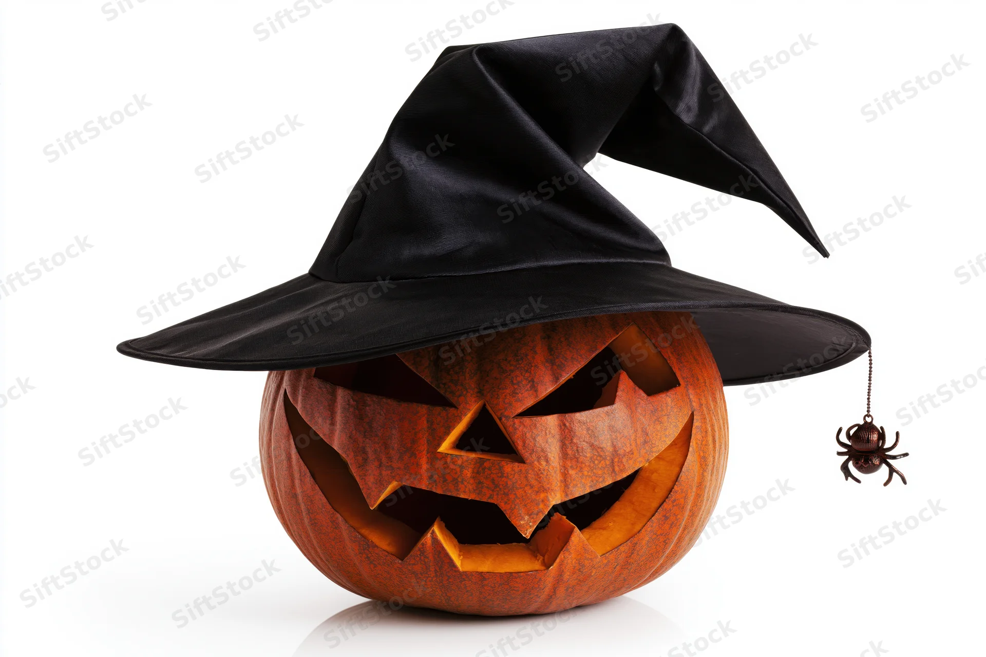 Carved pumpkin wearing witch hat with spider decoration on white background