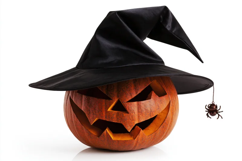 Carved pumpkin wearing witch hat with spider decoration on white background