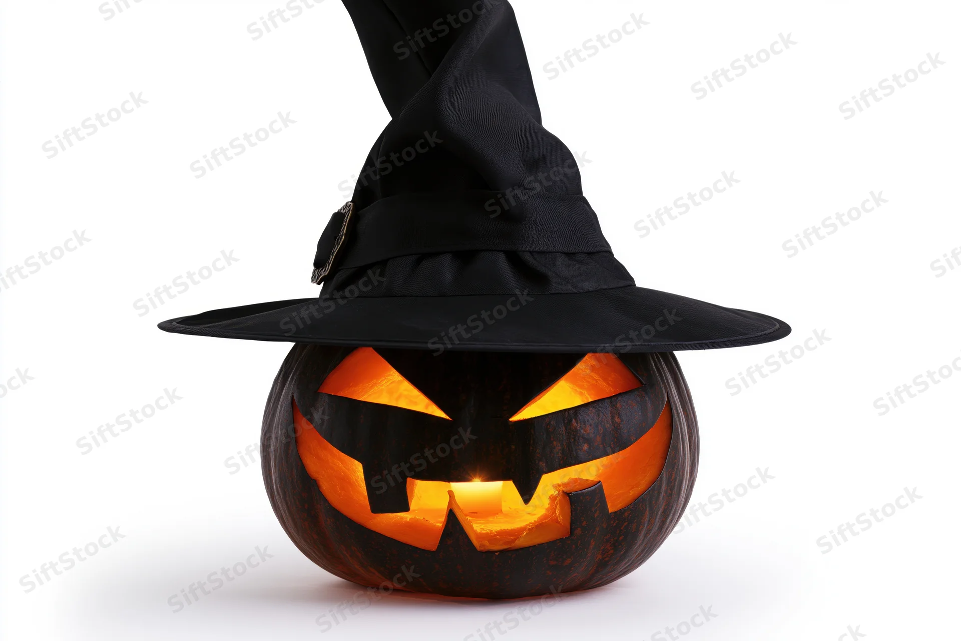 Carved jack-o-lantern with glowing face wearing tall black witch hat on white background