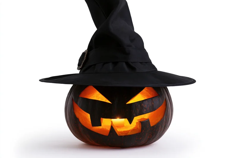 Carved jack-o-lantern with glowing face wearing tall black witch hat on white background