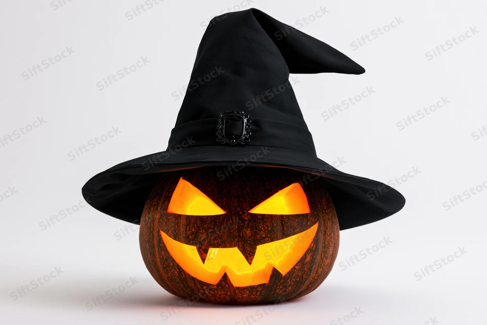 Carved jack-o-lantern with glowing face wearing a tall black witch hat on white background