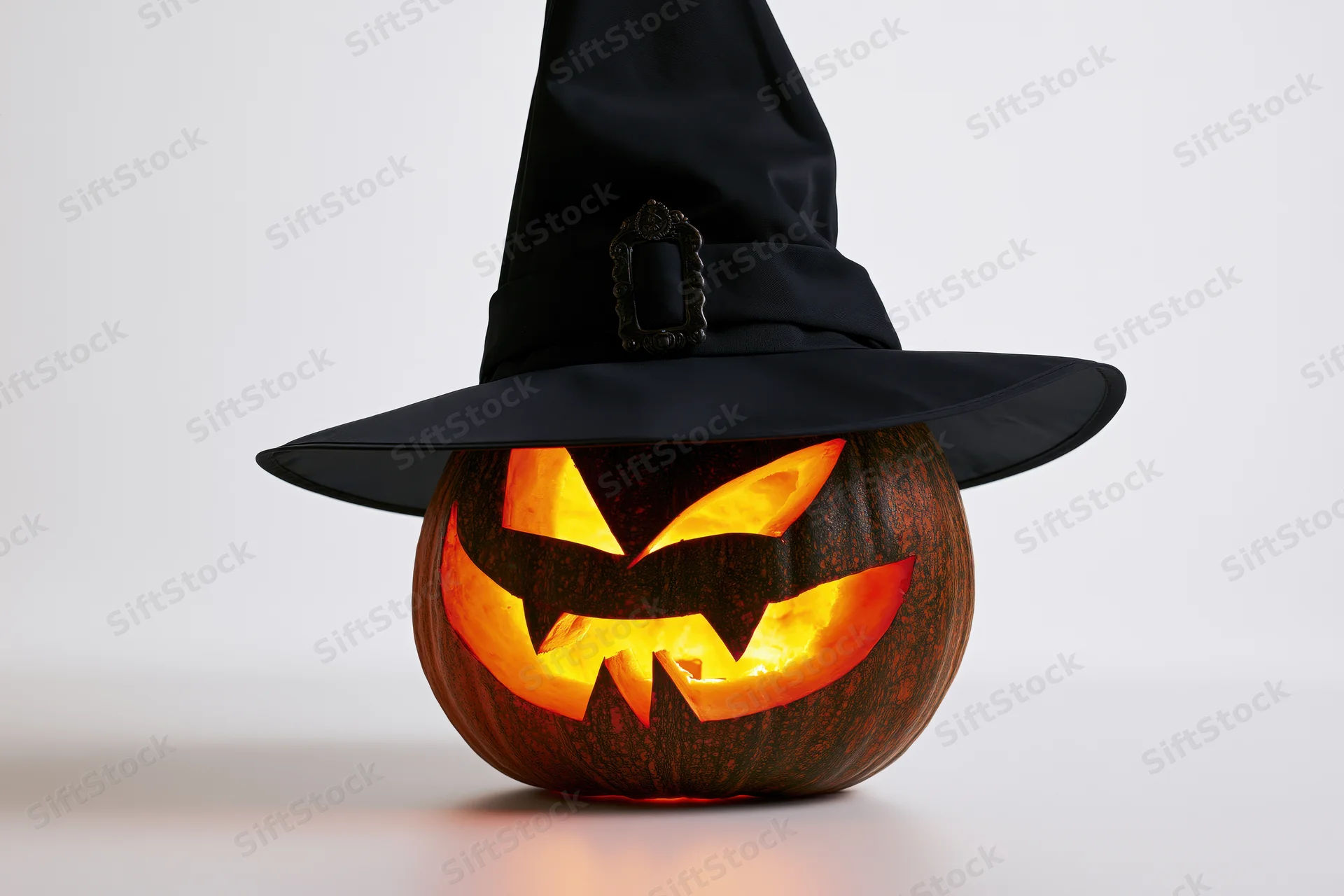 Carved jack-o-lantern with glowing face wearing a tall black witch hat on a white surface