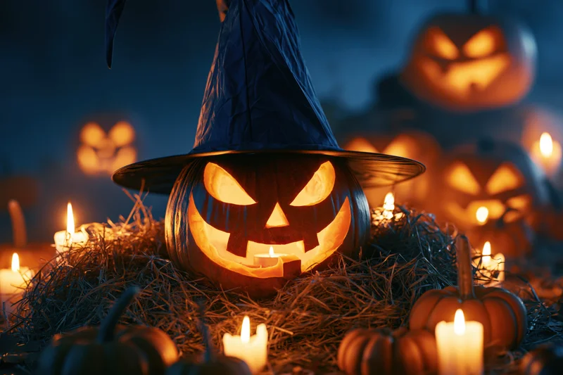 Carved jack-o-lantern wearing a witch hat glowing with candles on hay at night