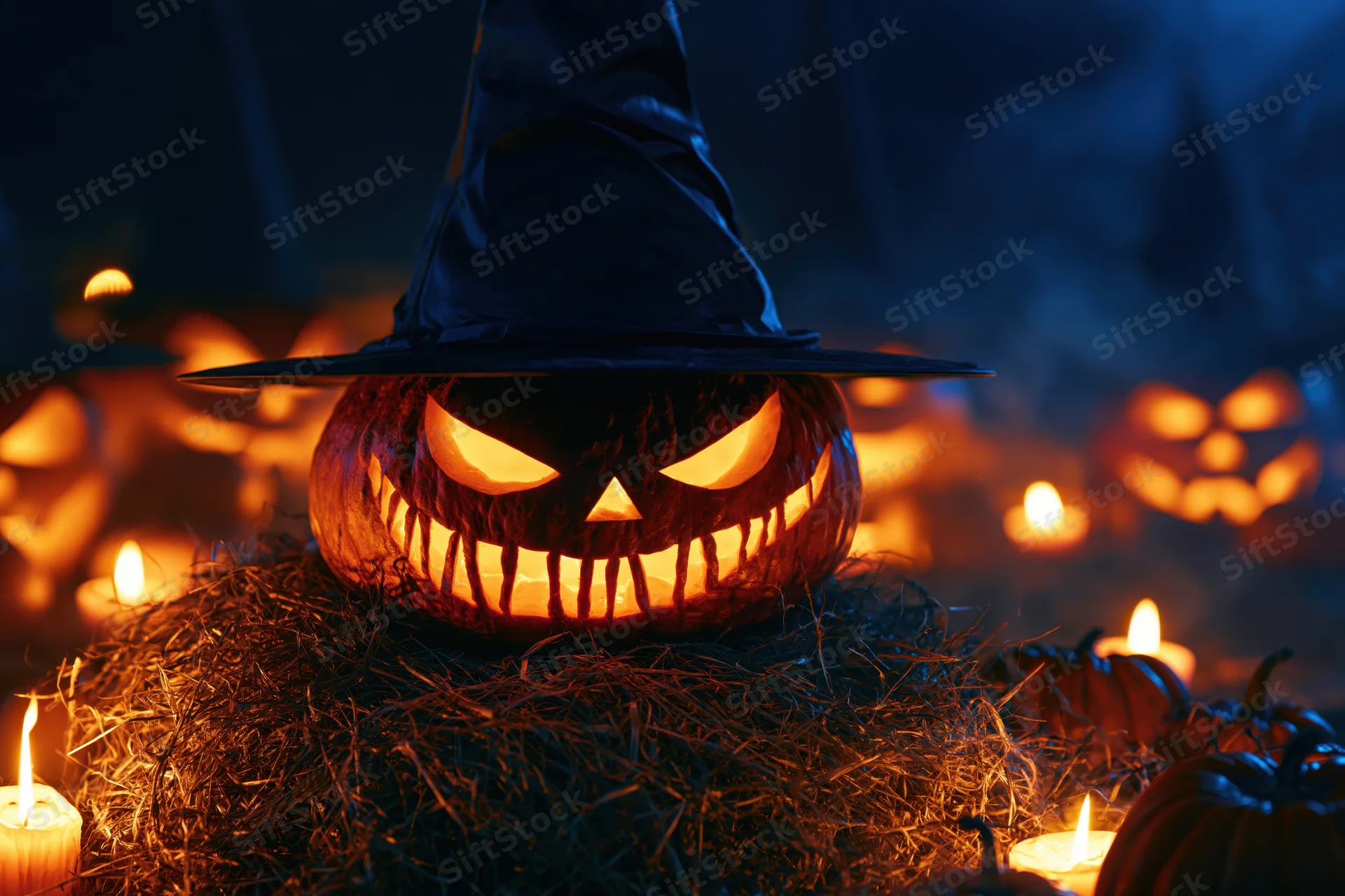 Carved jack-o-lantern wearing a tall pointed witch hat glowing on hay surrounded by candles at night